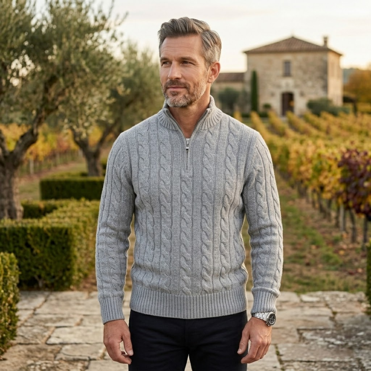 The Pesaro Men's Cable Knit High Neck Quarter Zip Sweater