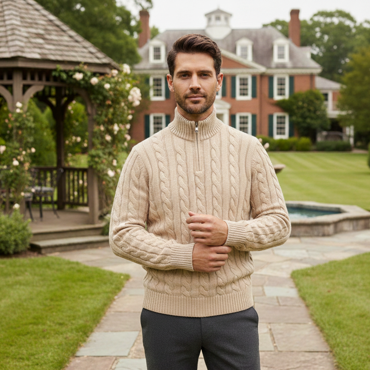 The Genève Old Money Half Zip Sweater for Men 100% Merino Wool