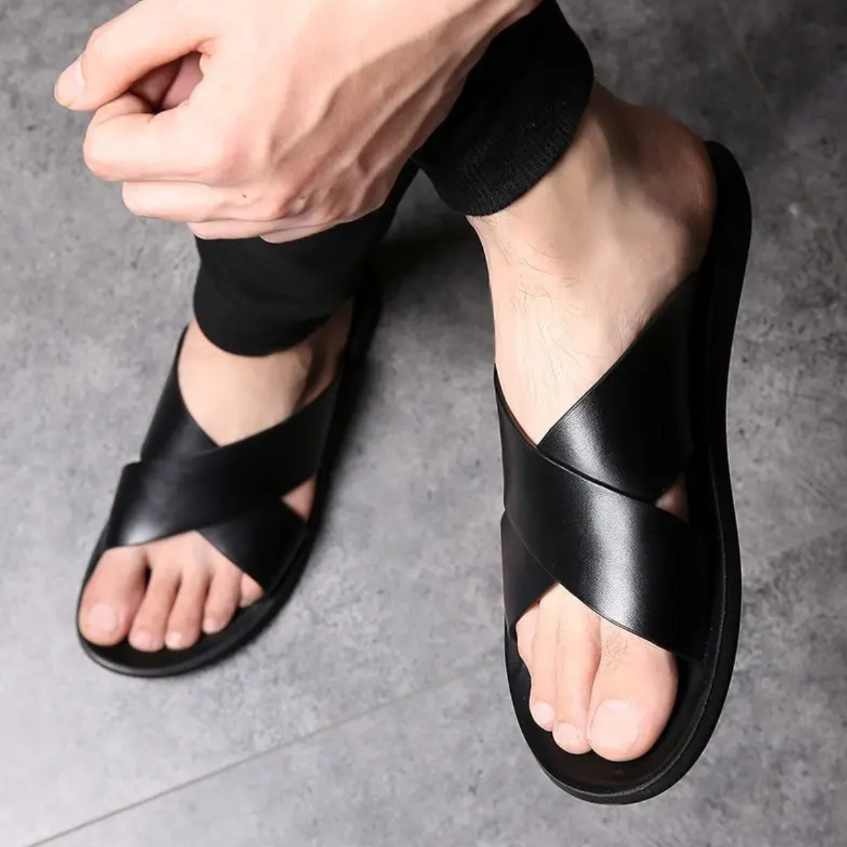 The Cortona Men’s Cross Strap Slide Leather Sandals