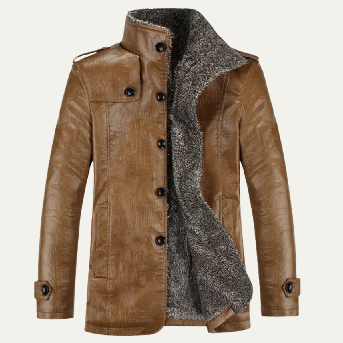 Men’s Leather Jacket – Warm Fleece Lined Winter Coat with Stand Collar