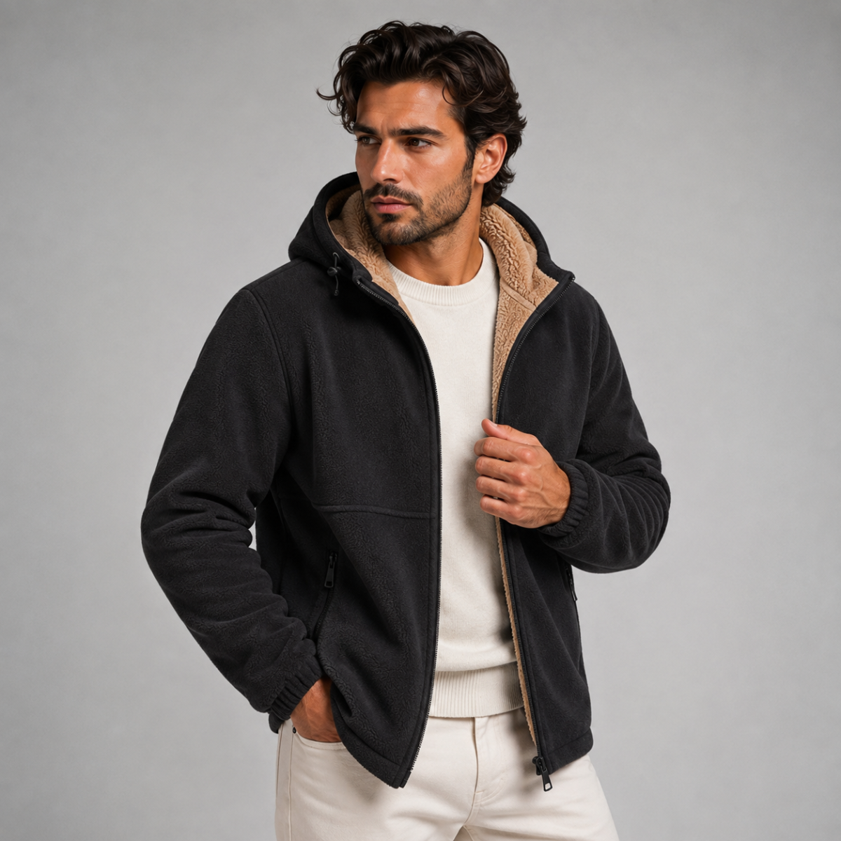 Men’s Warm Soft Shell Fleece Zip Up Hooded Jacket