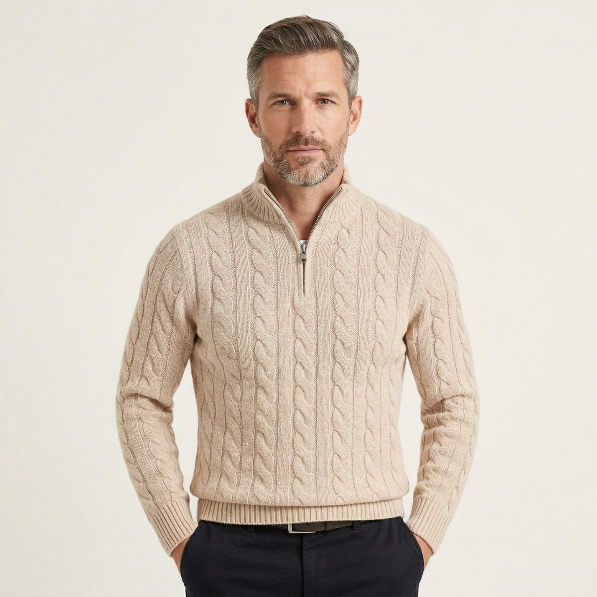 The Pesaro Men's Cable Knit High Neck Quarter Zip Sweater