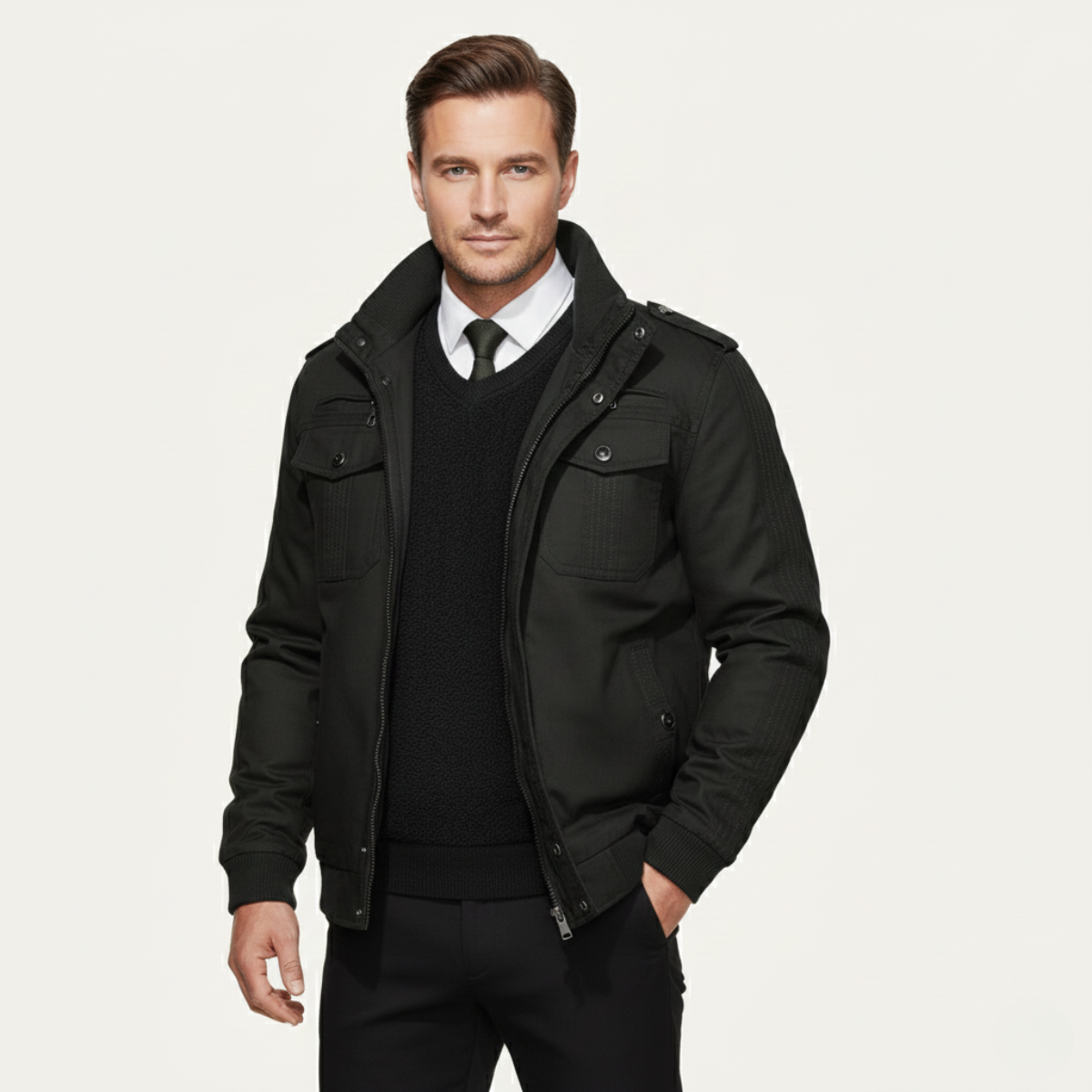 Men’s Thermal Military Style Zip-Up Fleece Lined Jacket