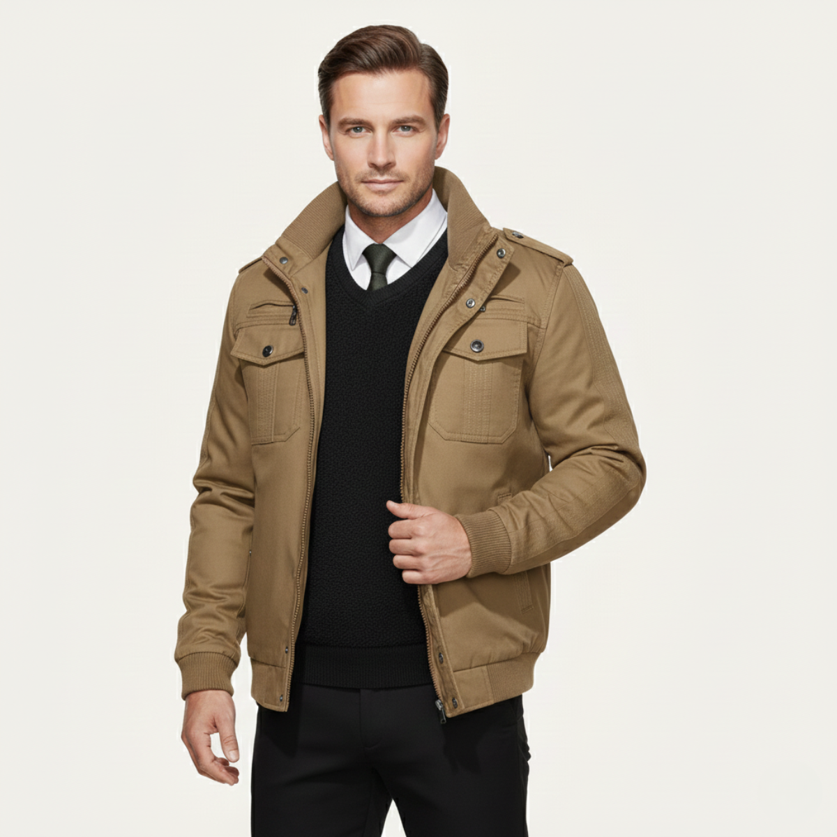 Men’s Thermal Military Style Zip-Up Fleece Lined Jacket