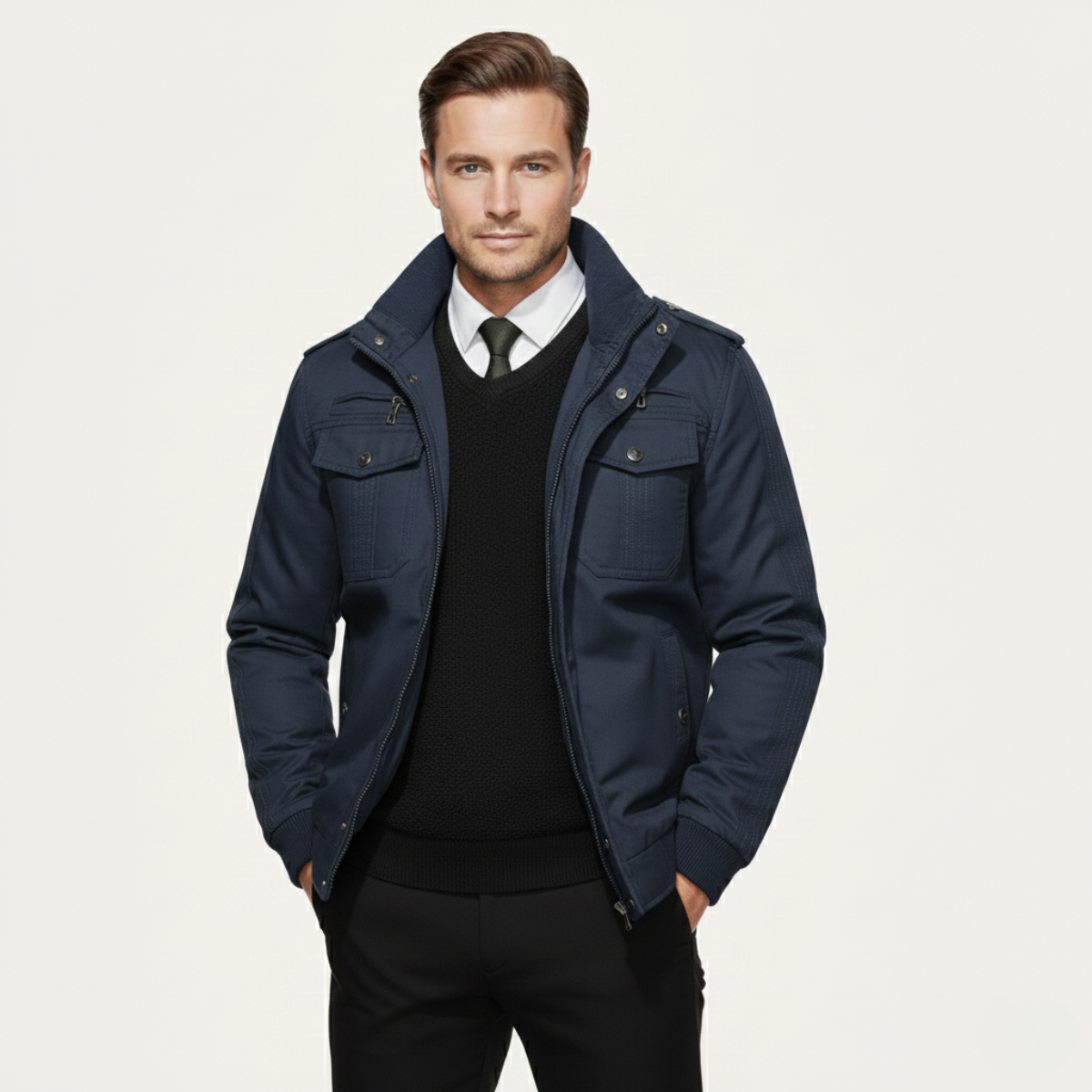 Men’s Thermal Military Style Zip-Up Fleece Lined Jacket