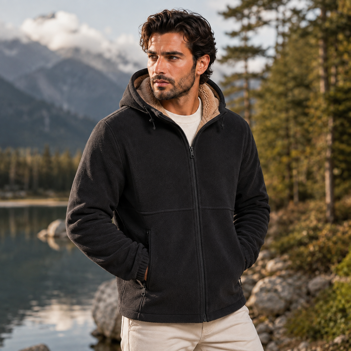 Men’s Warm Soft Shell Fleece Zip Up Hooded Jacket