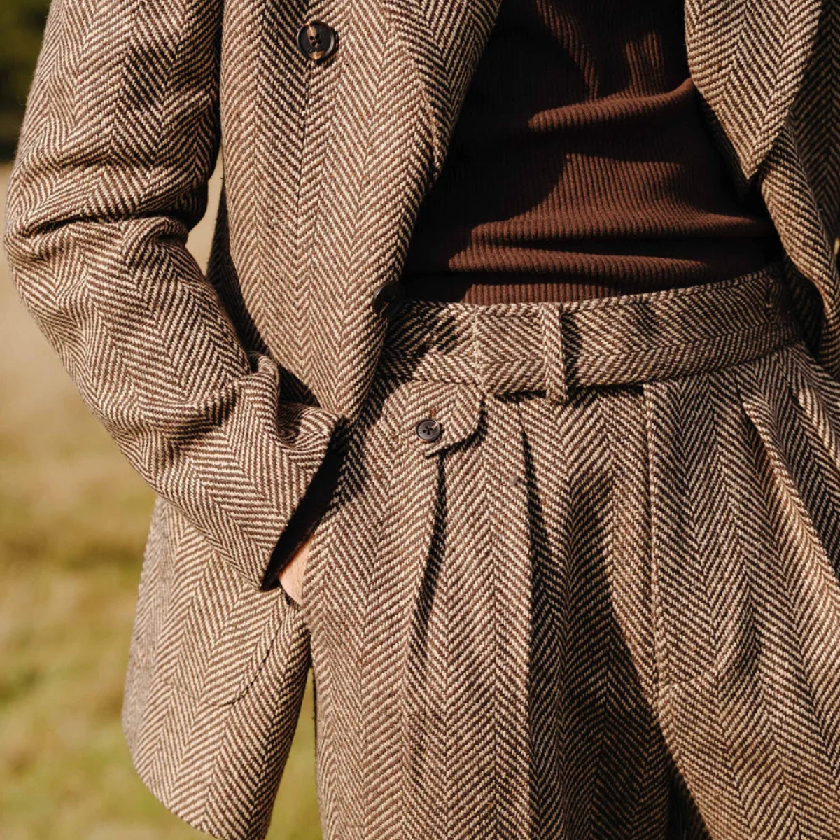 Men’s Herringbone Tweed Suit – Double Breasted Blazer and Pants Set
