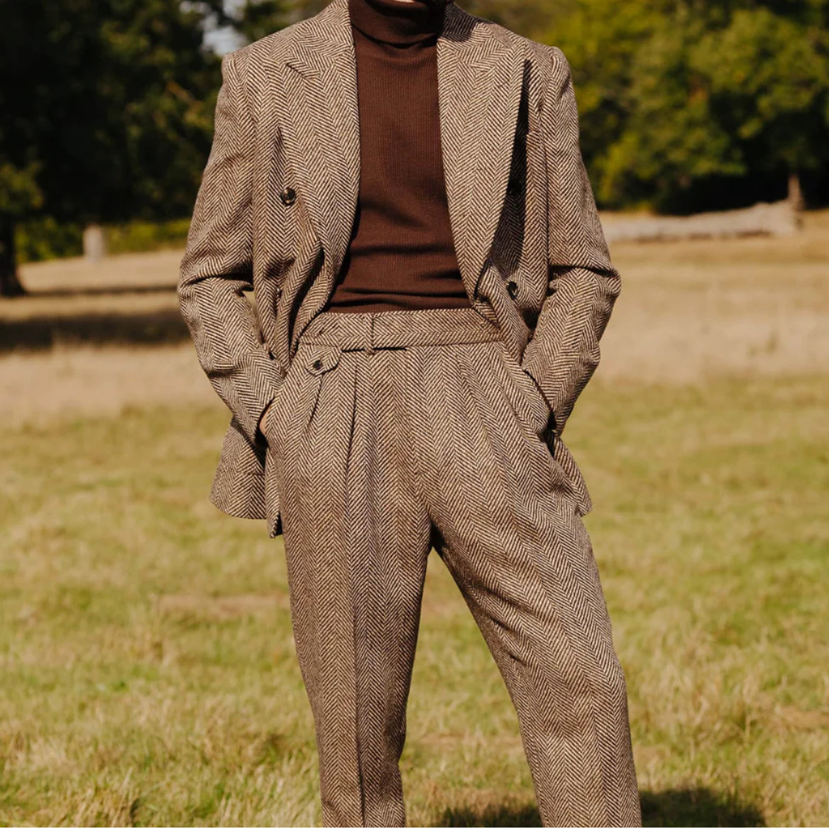 Men’s Herringbone Tweed Suit – Double Breasted Blazer and Pants Set
