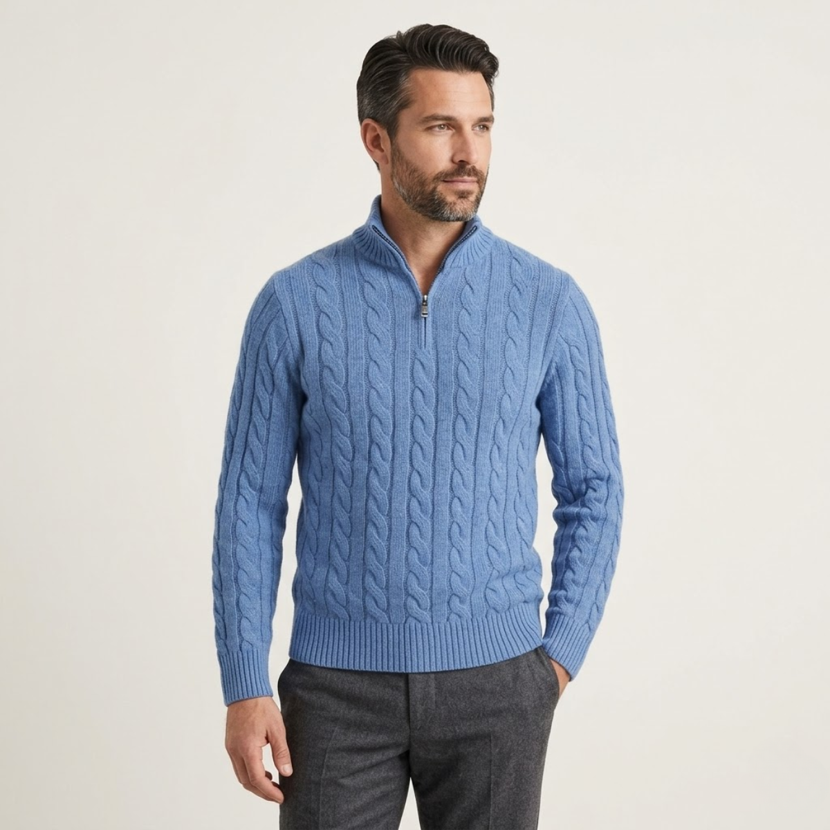 The Pesaro Men's Cable Knit High Neck Quarter Zip Sweater