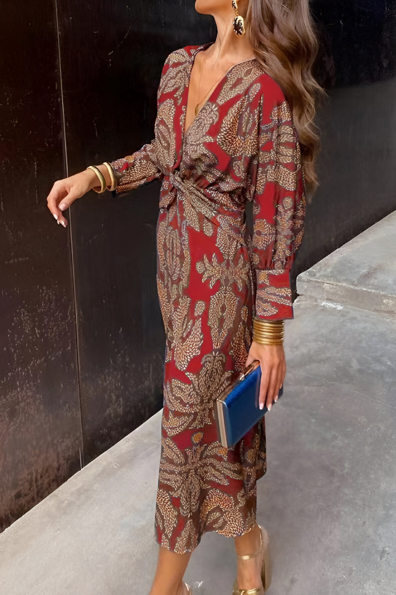 Women's Floral Midi Dress with Twist Waist