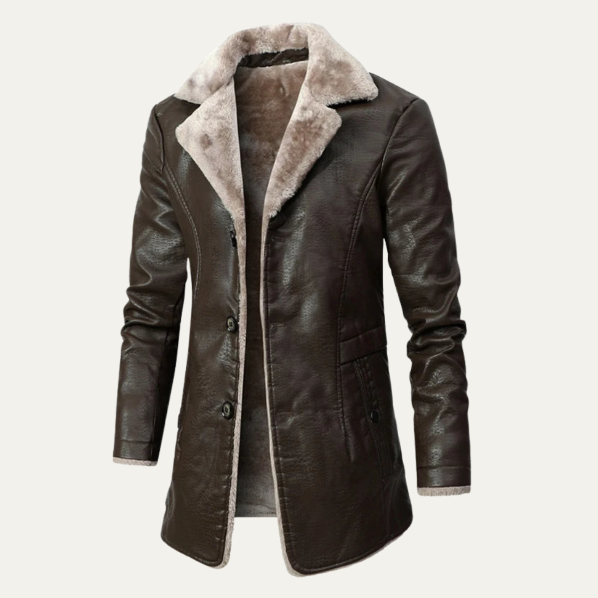 Men’s Button-Up Fur Lined Long Leather Winter Coat