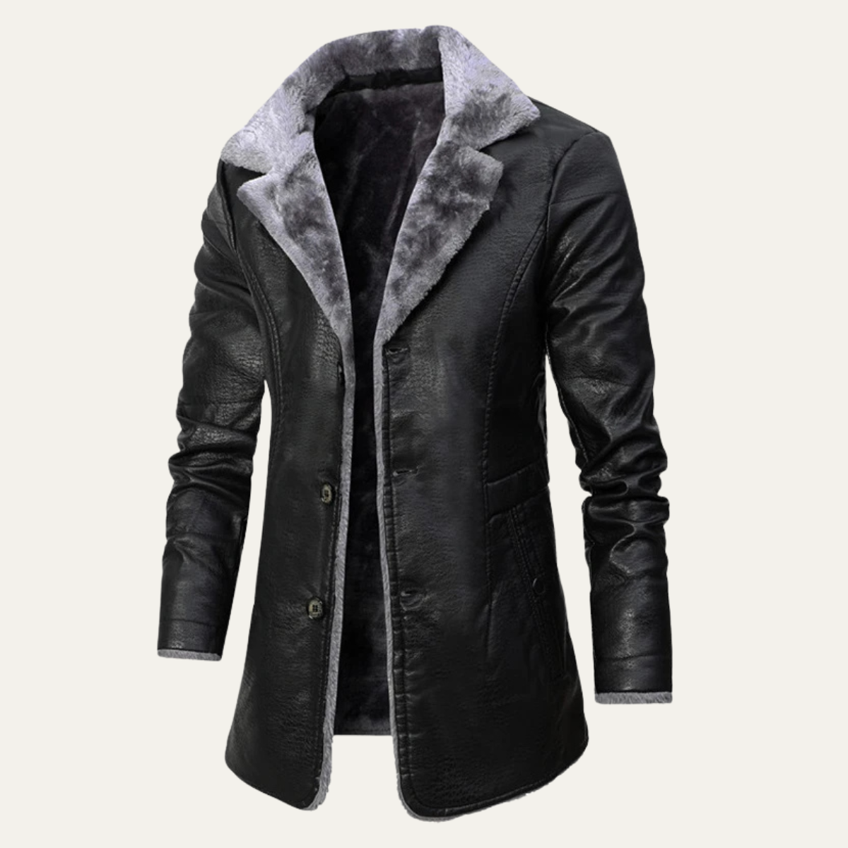 Men’s Button-Up Fur Lined Long Leather Winter Coat