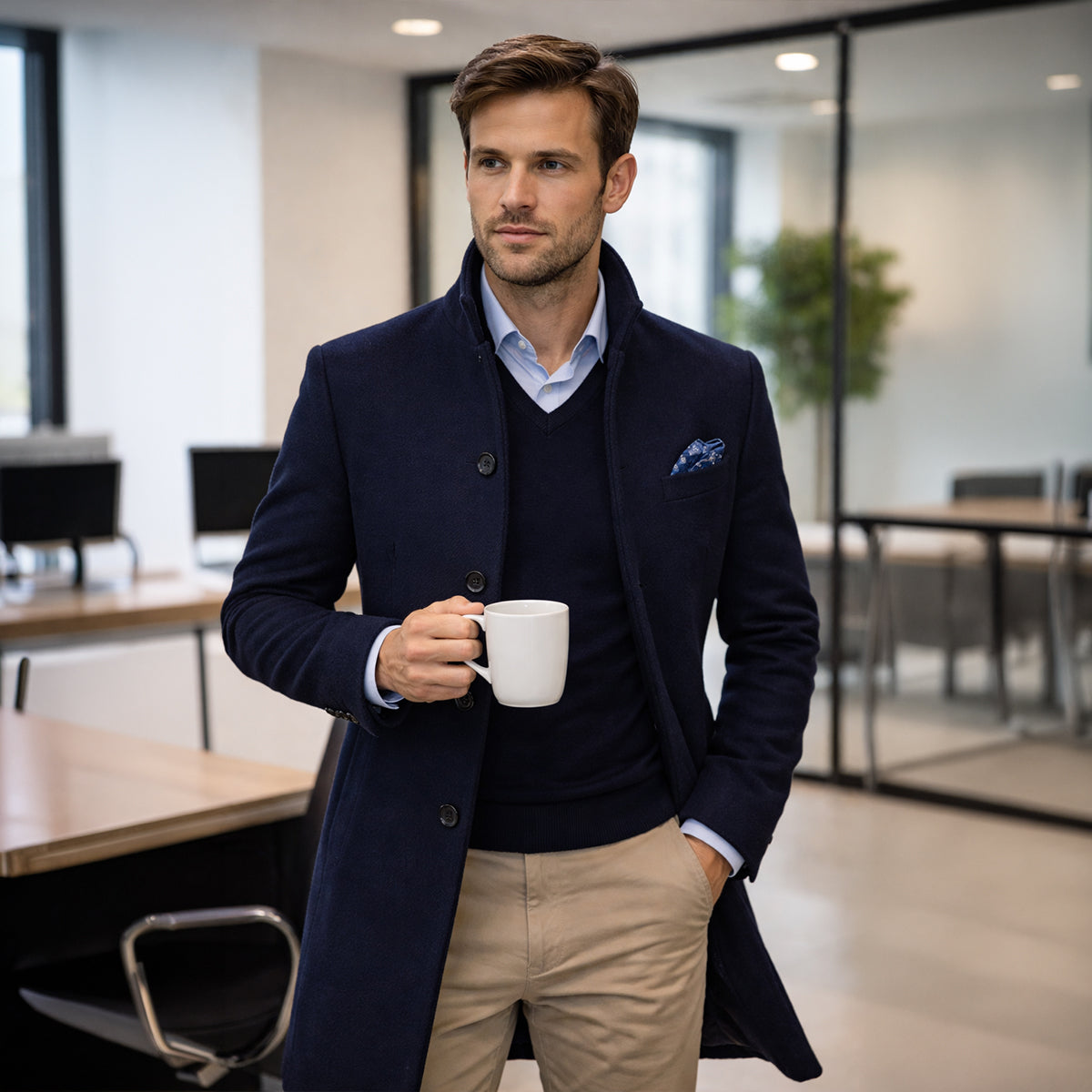 Men's Elegant Wool Blend Single Breasted Winter Trench Coat