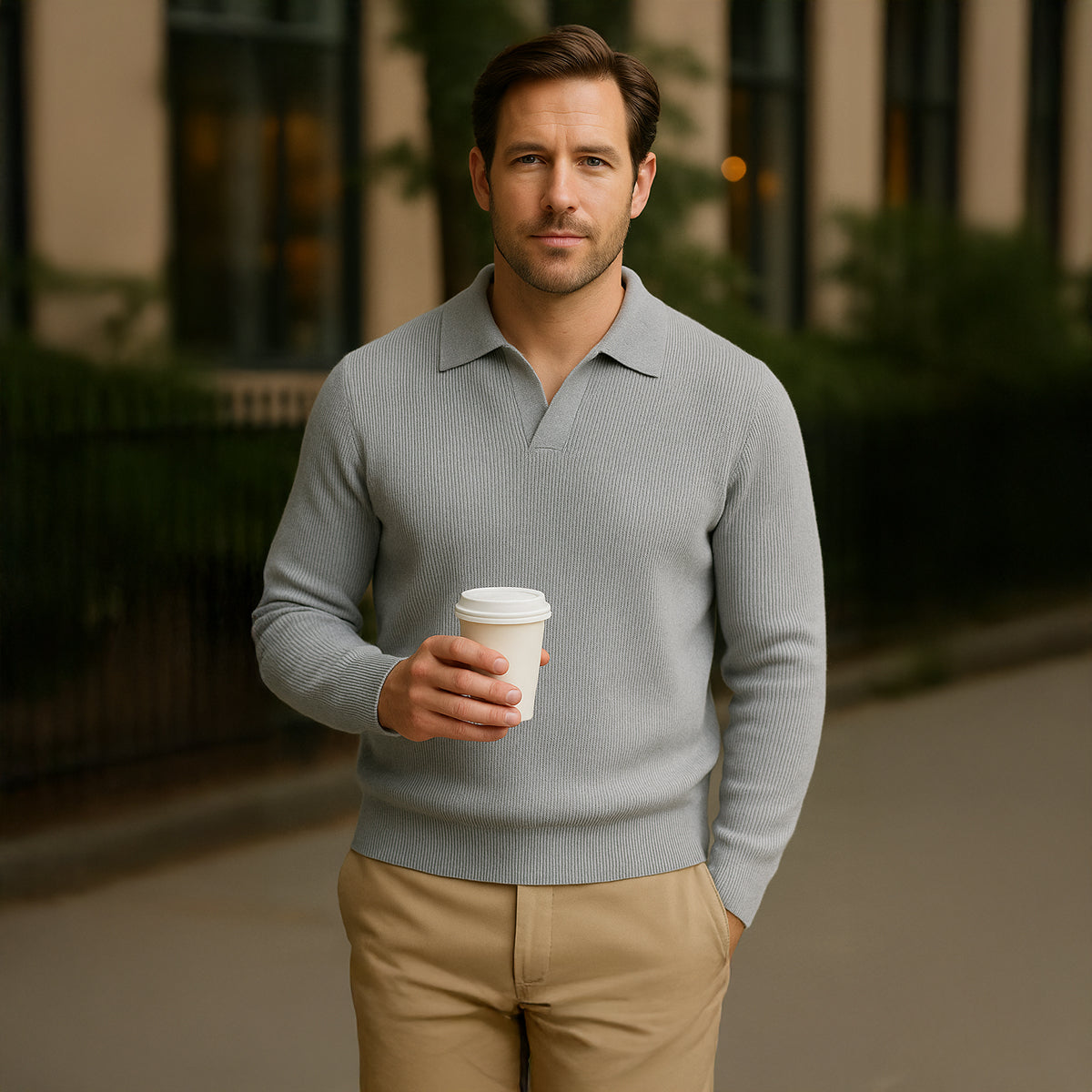 The Portofino Knitted Long Sleeve Polo Sweater for Men Open Collar