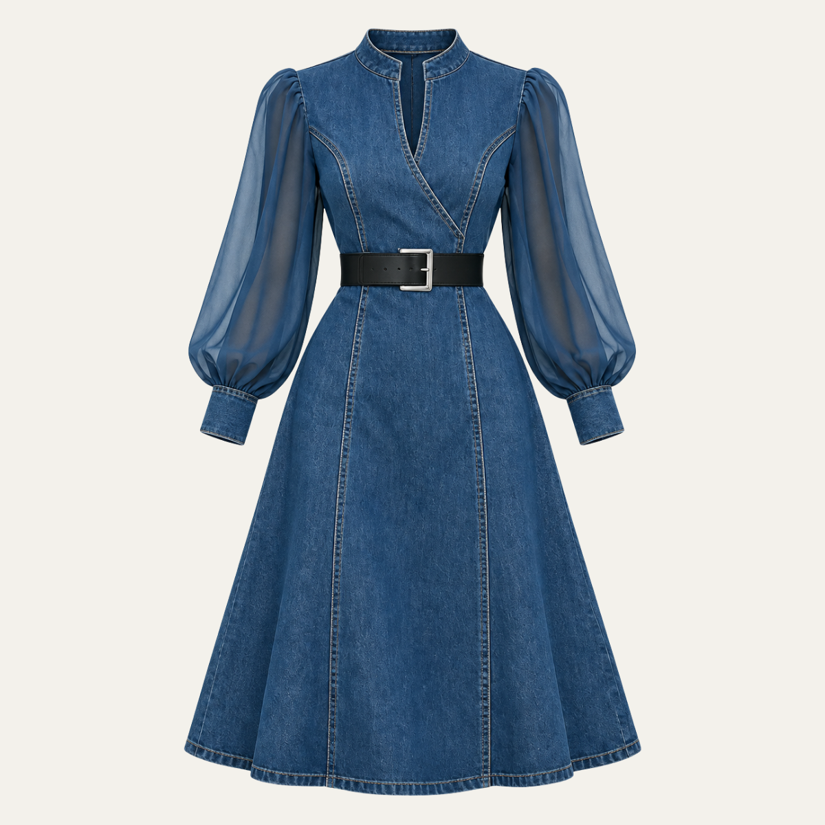Women's Tulle Sleeved Denim Midi