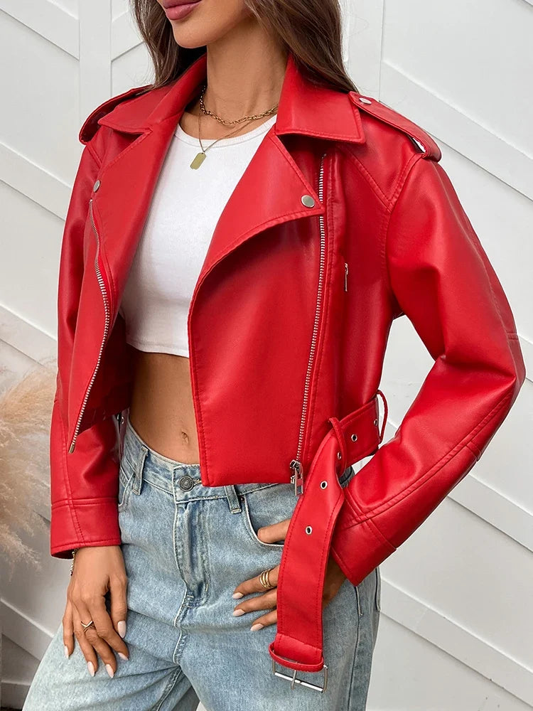 Women's Short Belted Biker Jacket