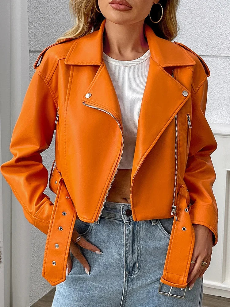 Women's Short Belted Biker Jacket