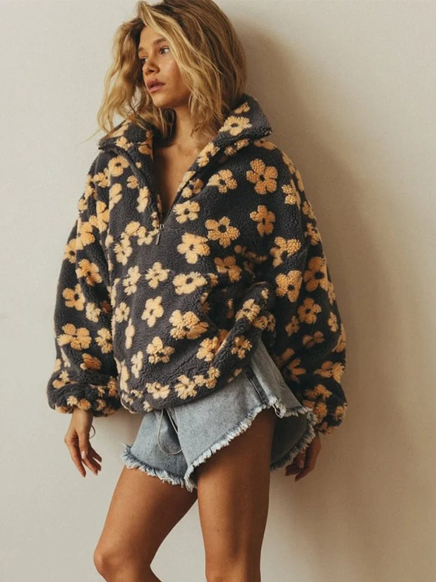 Women's Floral Half Zip Sherpa Top