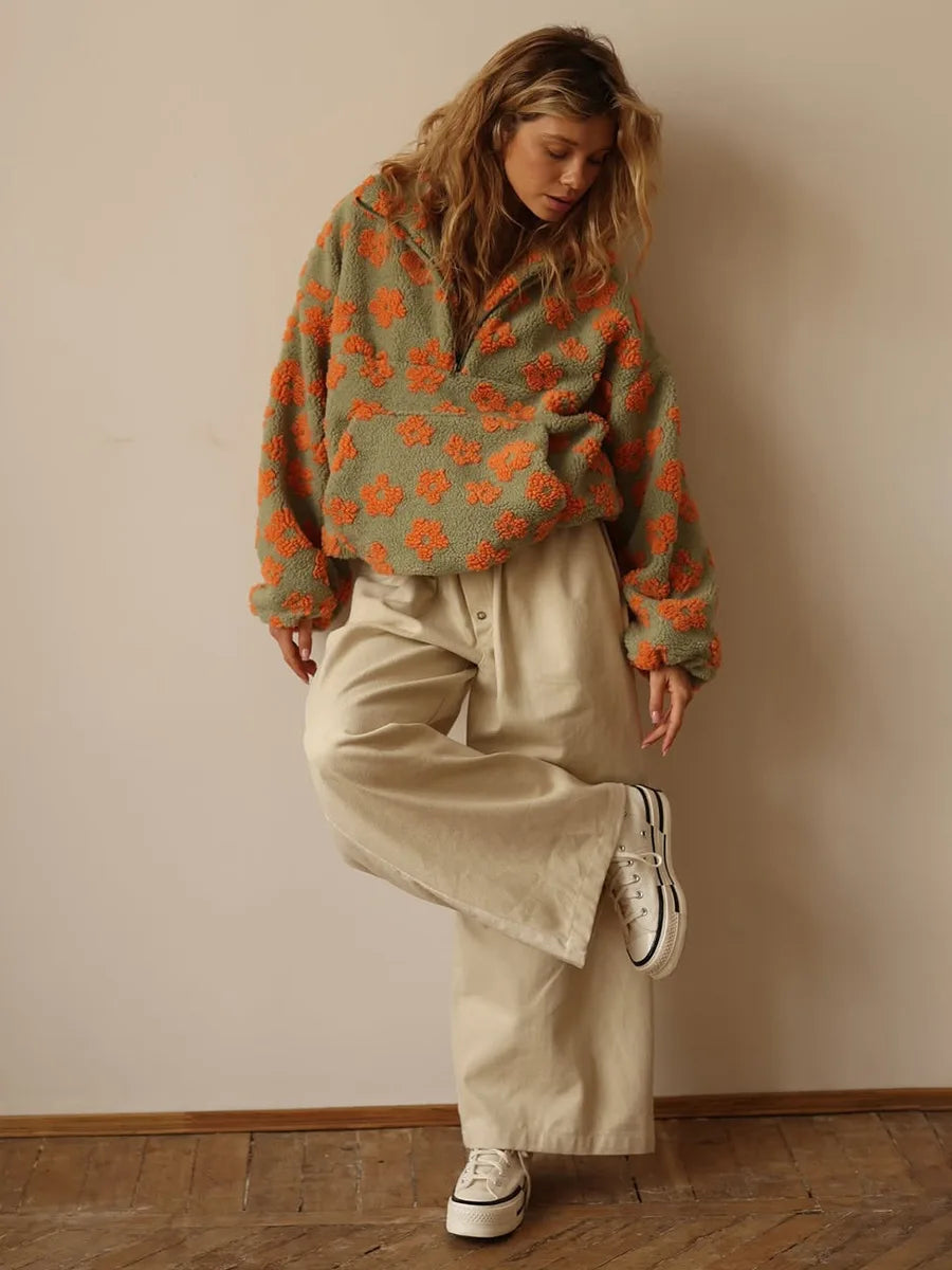 Women's Floral Half Zip Sherpa Top