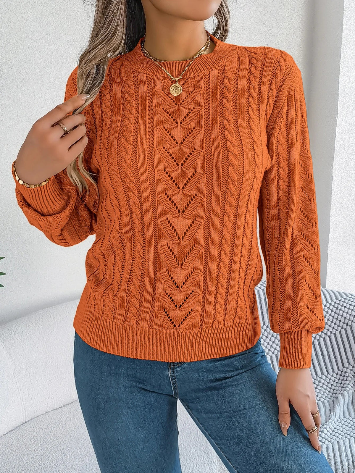 Women's Round Neck Openwork Knit