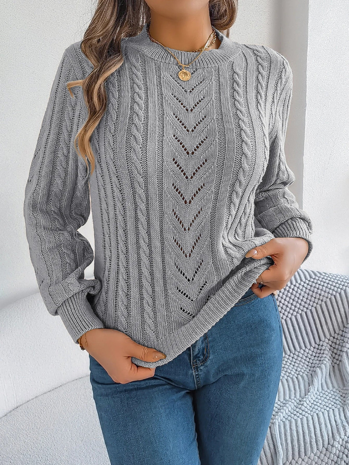 Women's Round Neck Openwork Knit