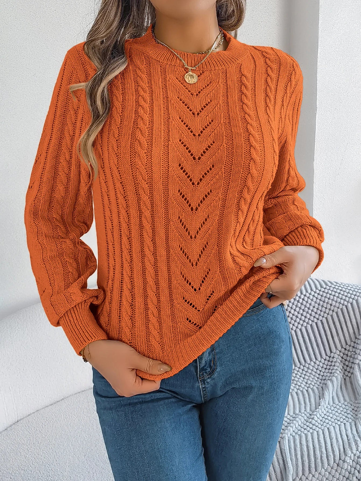Women's Round Neck Openwork Knit
