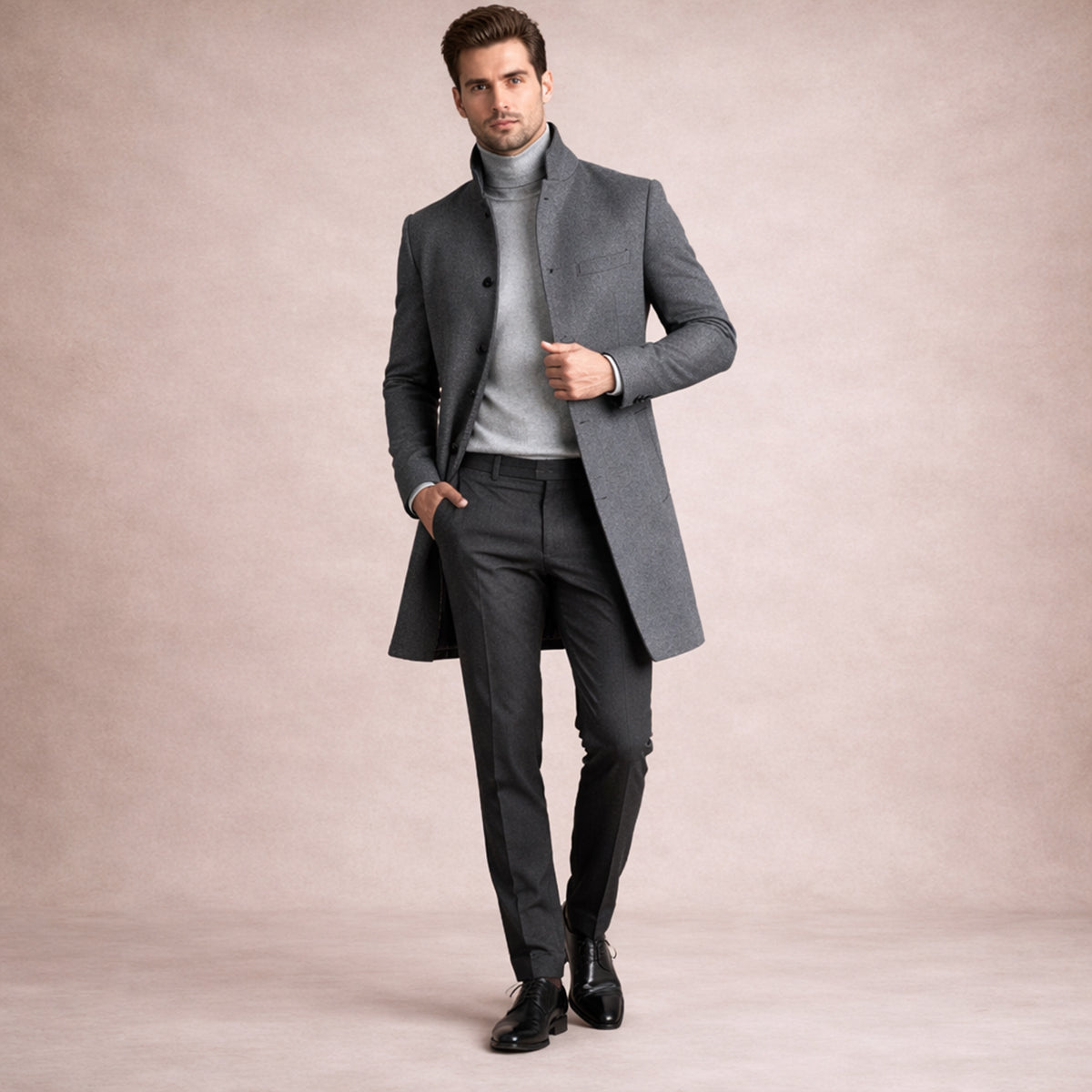 Men's Elegant Wool Blend Single Breasted Winter Trench Coat