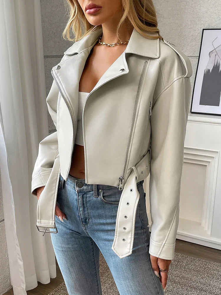 Women's Short Belted Biker Jacket