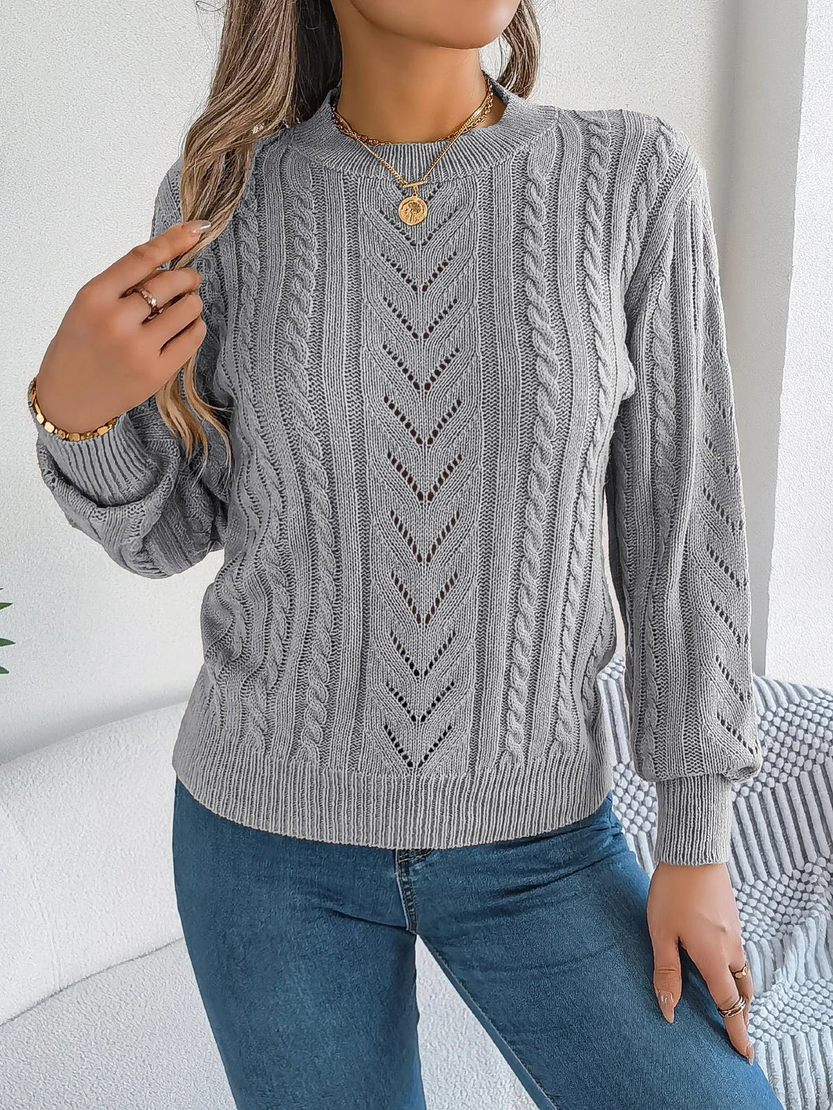 Women's Round Neck Openwork Knit