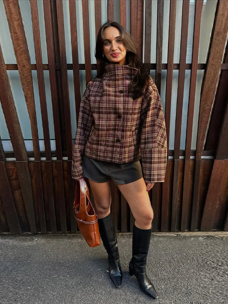 Women's Checked Stand Collar Coat