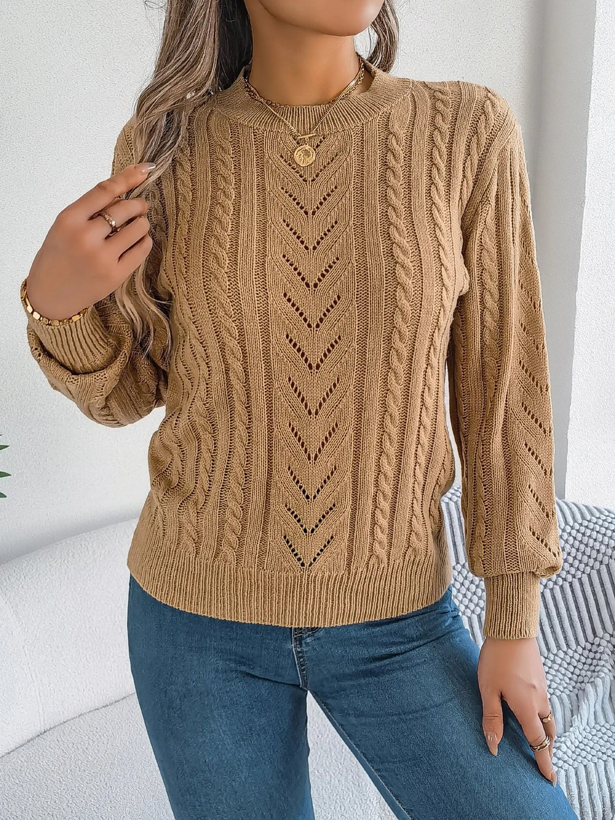 Women's Round Neck Openwork Knit