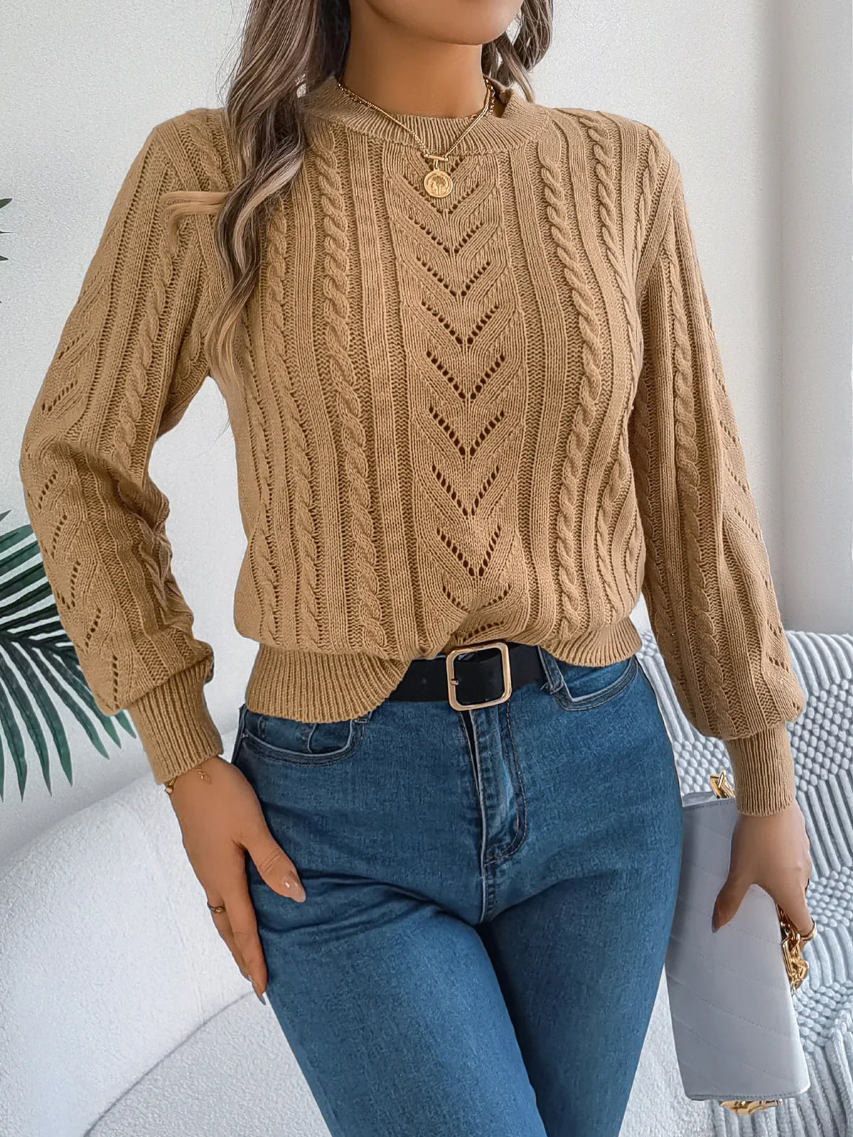 Women's Round Neck Openwork Knit