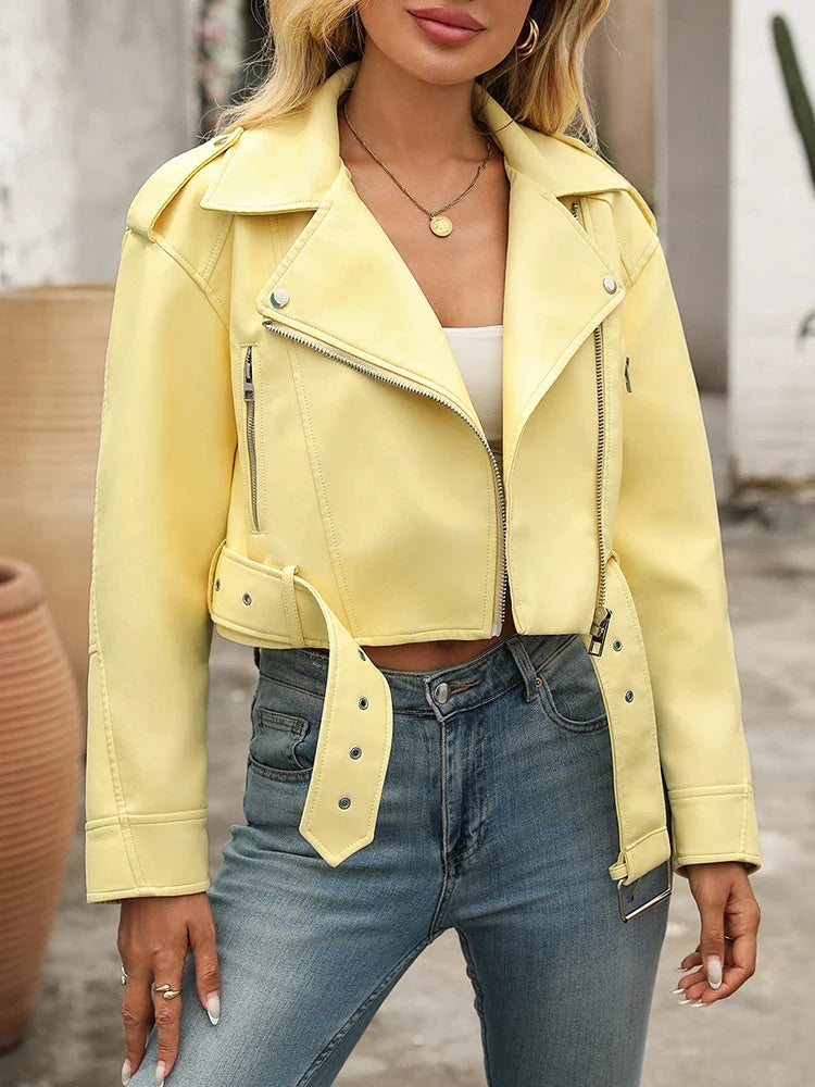 Women's Short Belted Biker Jacket