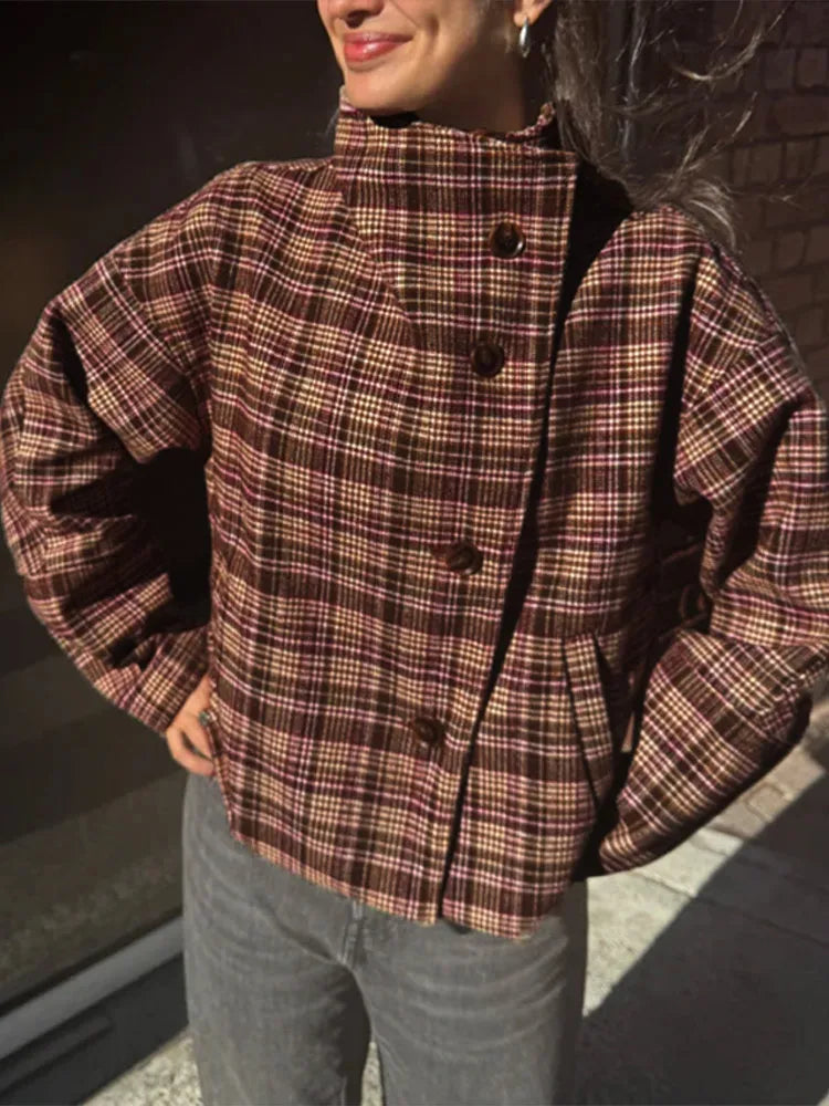 Women's Checked Stand Collar Coat