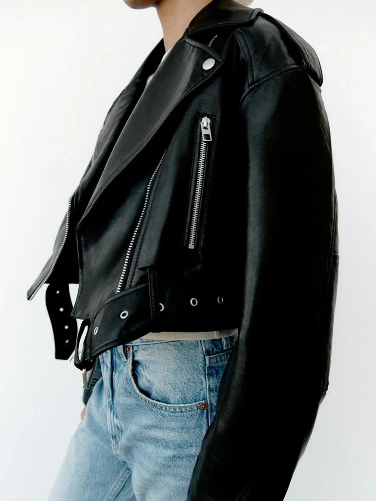 Women's Short Belted Biker Jacket