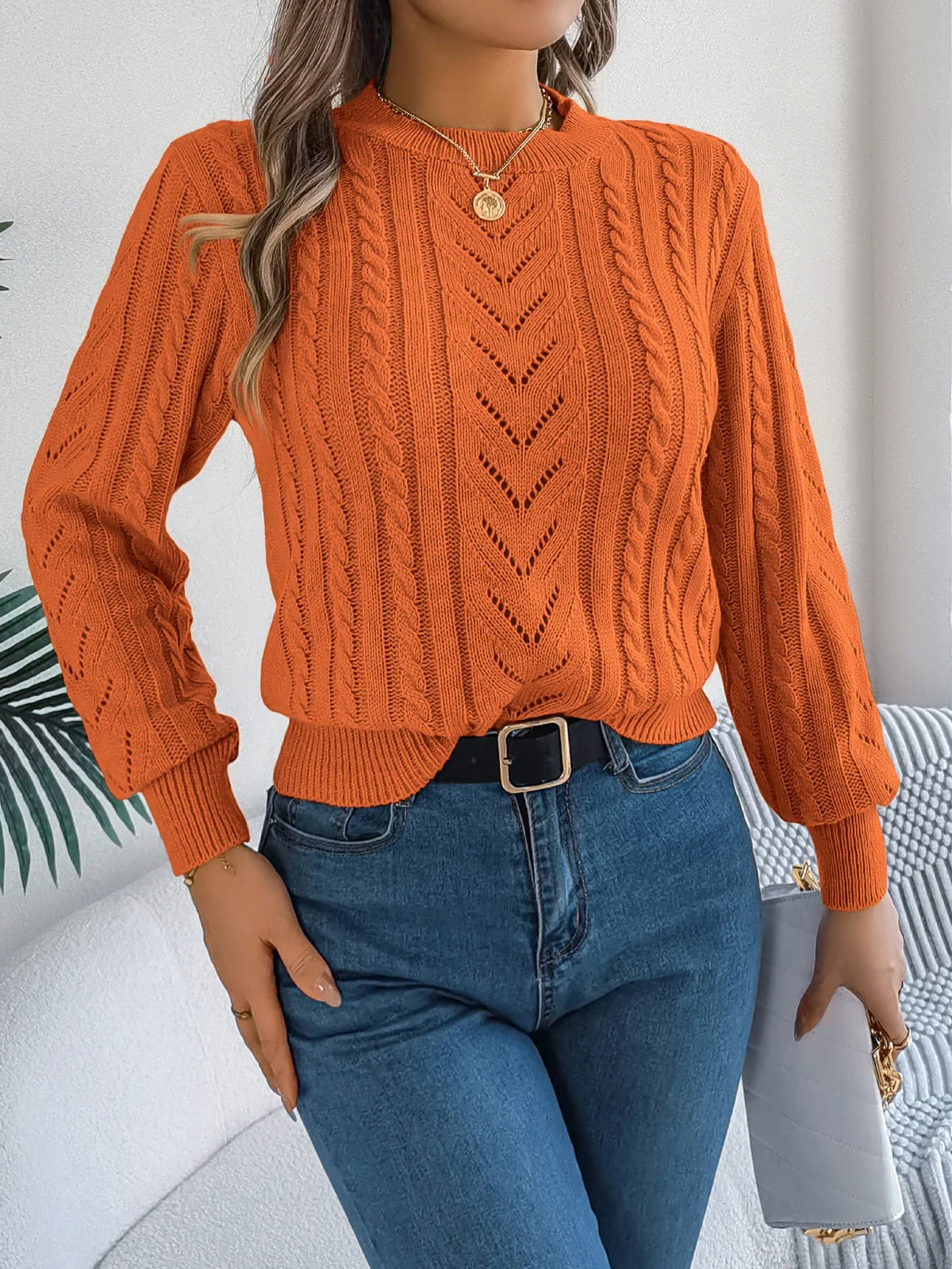 Women's Round Neck Openwork Knit