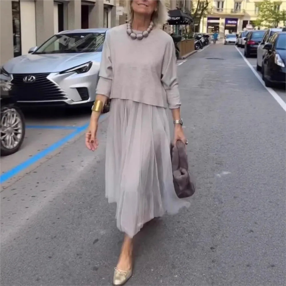 Women's Long Dress with Mesh Panels