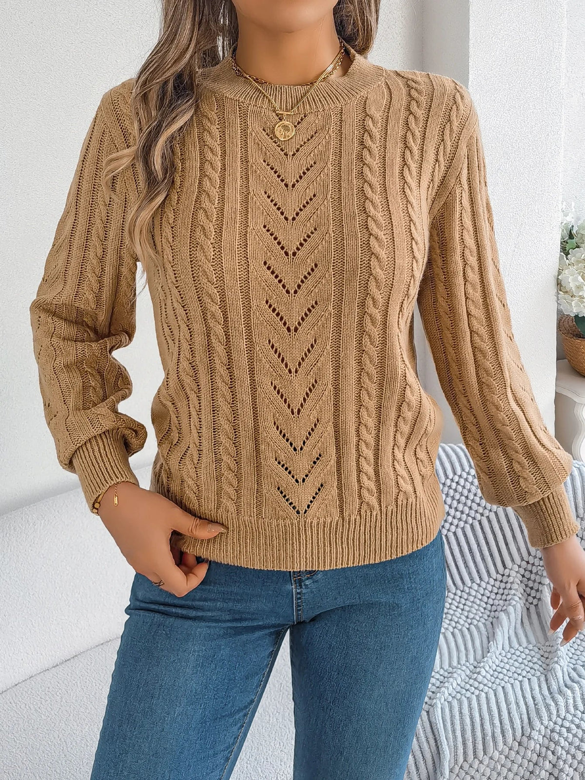Women's Round Neck Openwork Knit