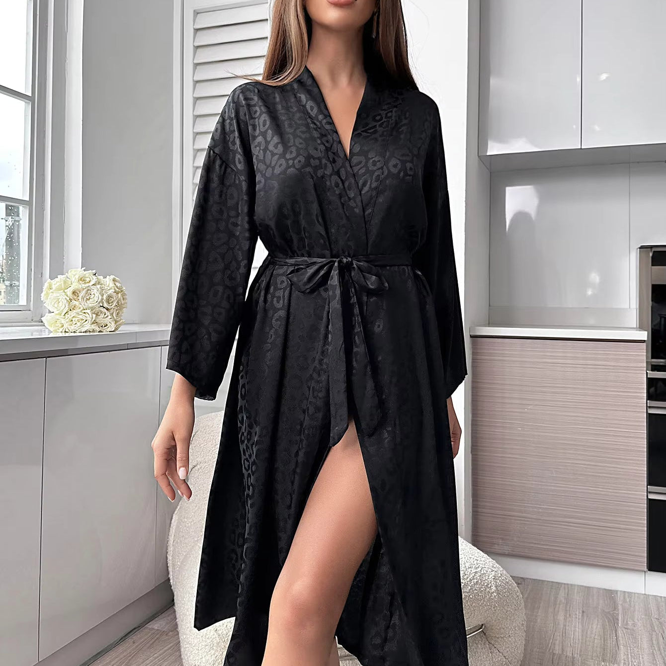 Women's Black Leopard Print Satin Bathrobe Belt