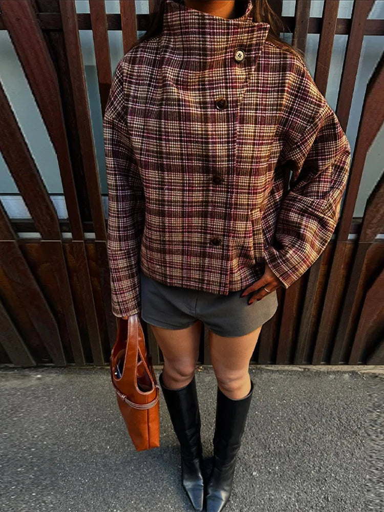 Women's Checked Stand Collar Coat