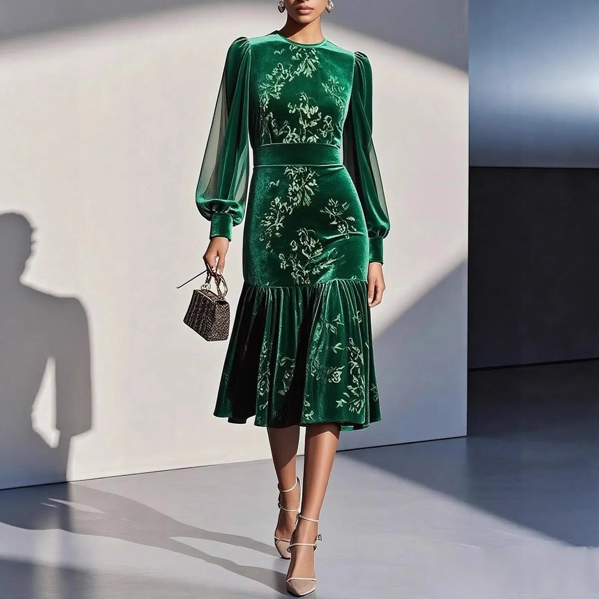 Women's Lantern Sleeve Velvet Dress