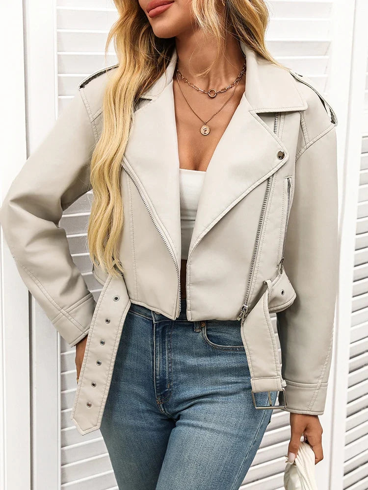 Women's Short Belted Biker Jacket