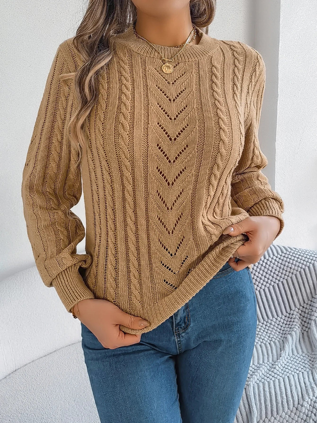 Women's Round Neck Openwork Knit