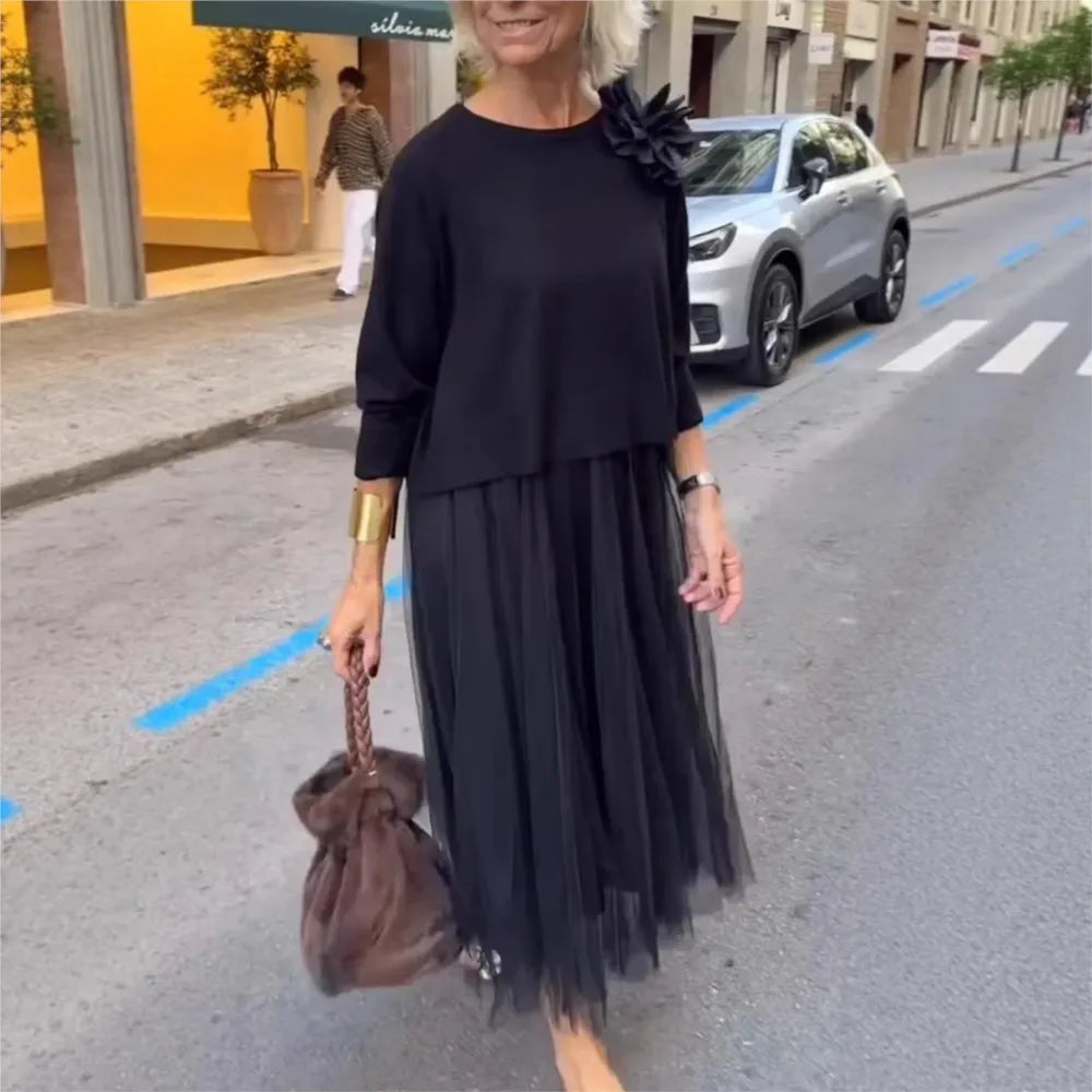 Women's Long Dress with Mesh Panels