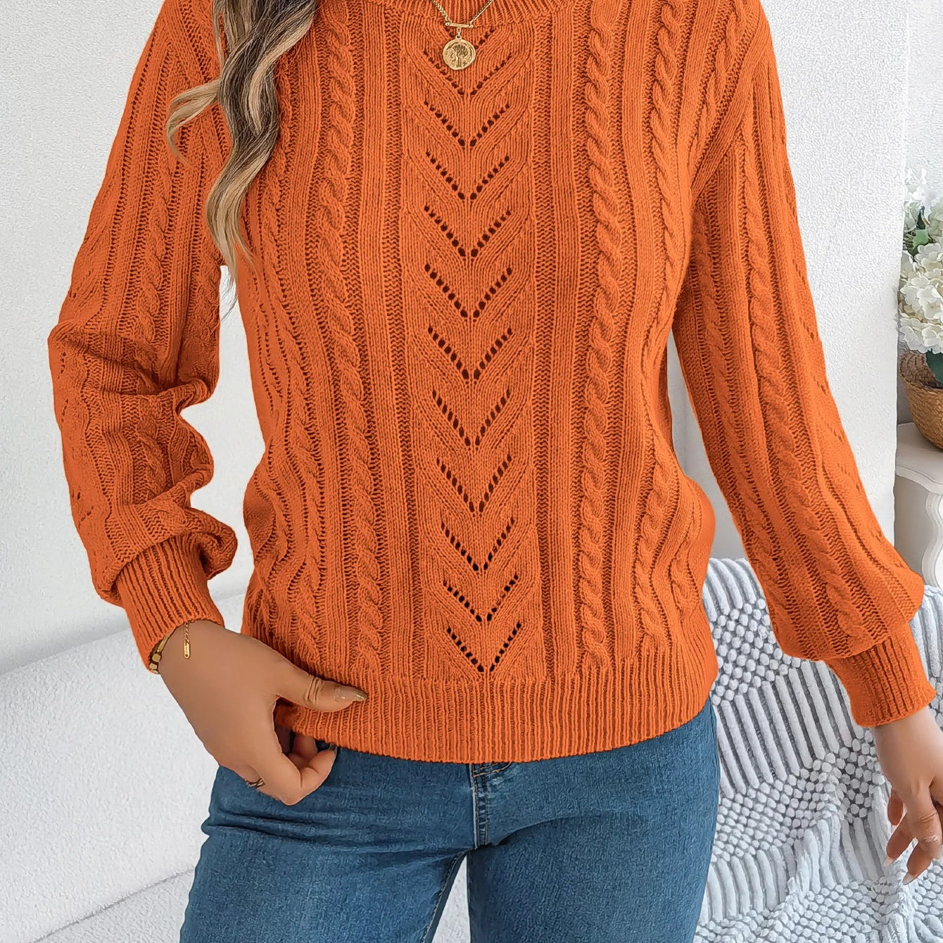 Women's Round Neck Openwork Knit
