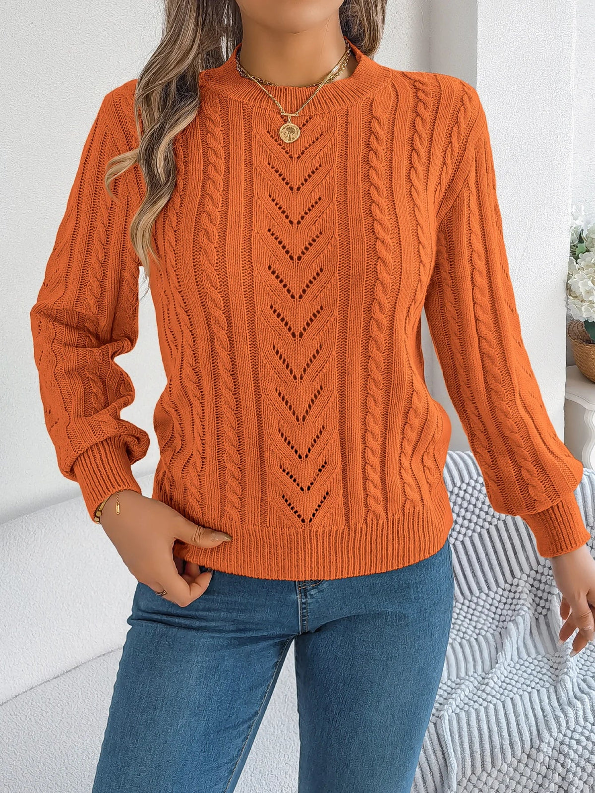 Women's Round Neck Openwork Knit