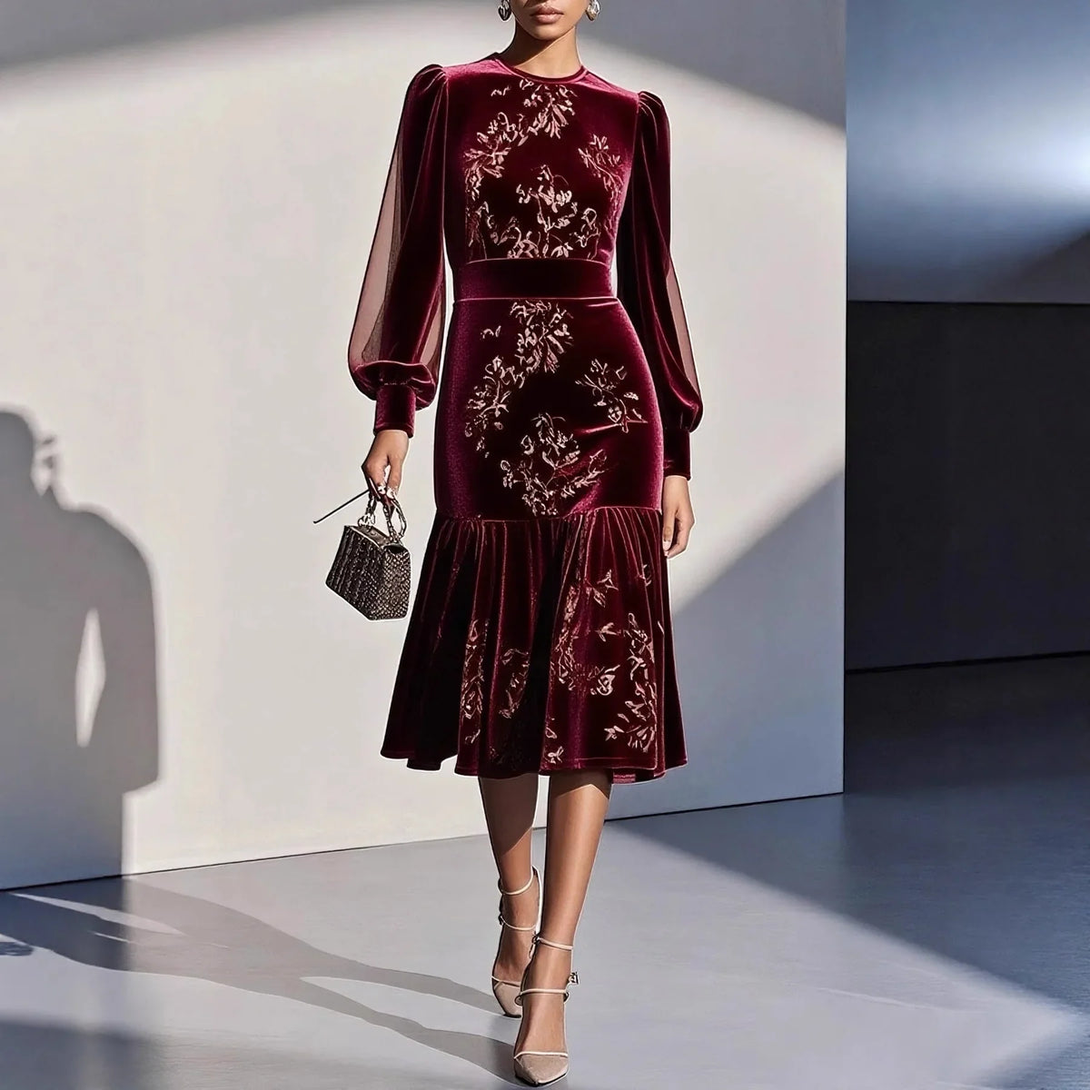 Women's Lantern Sleeve Velvet Dress