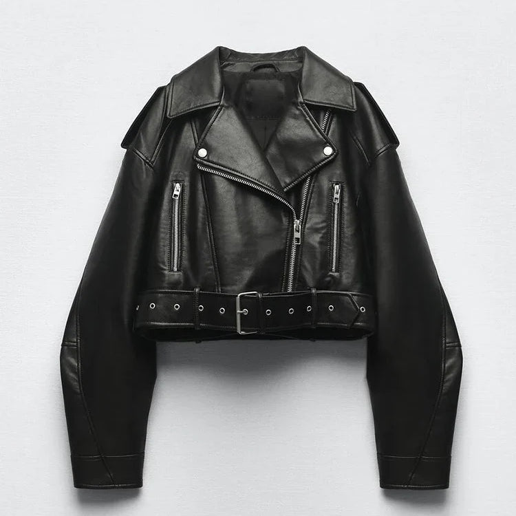 Women's Short Belted Biker Jacket
