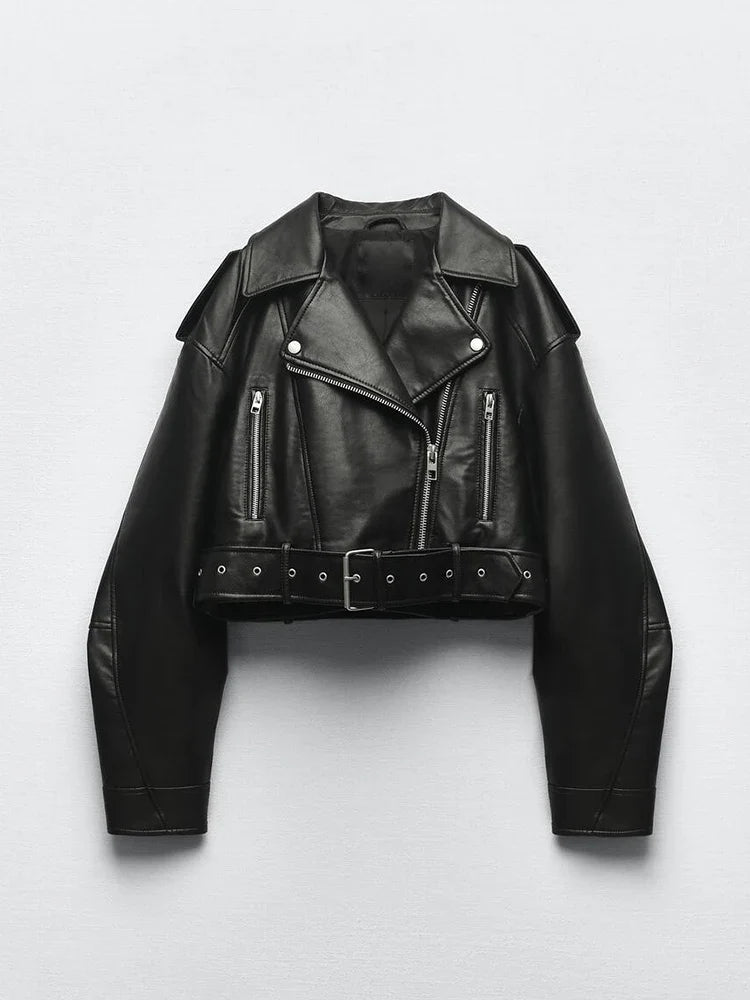 Women's Short Belted Biker Jacket