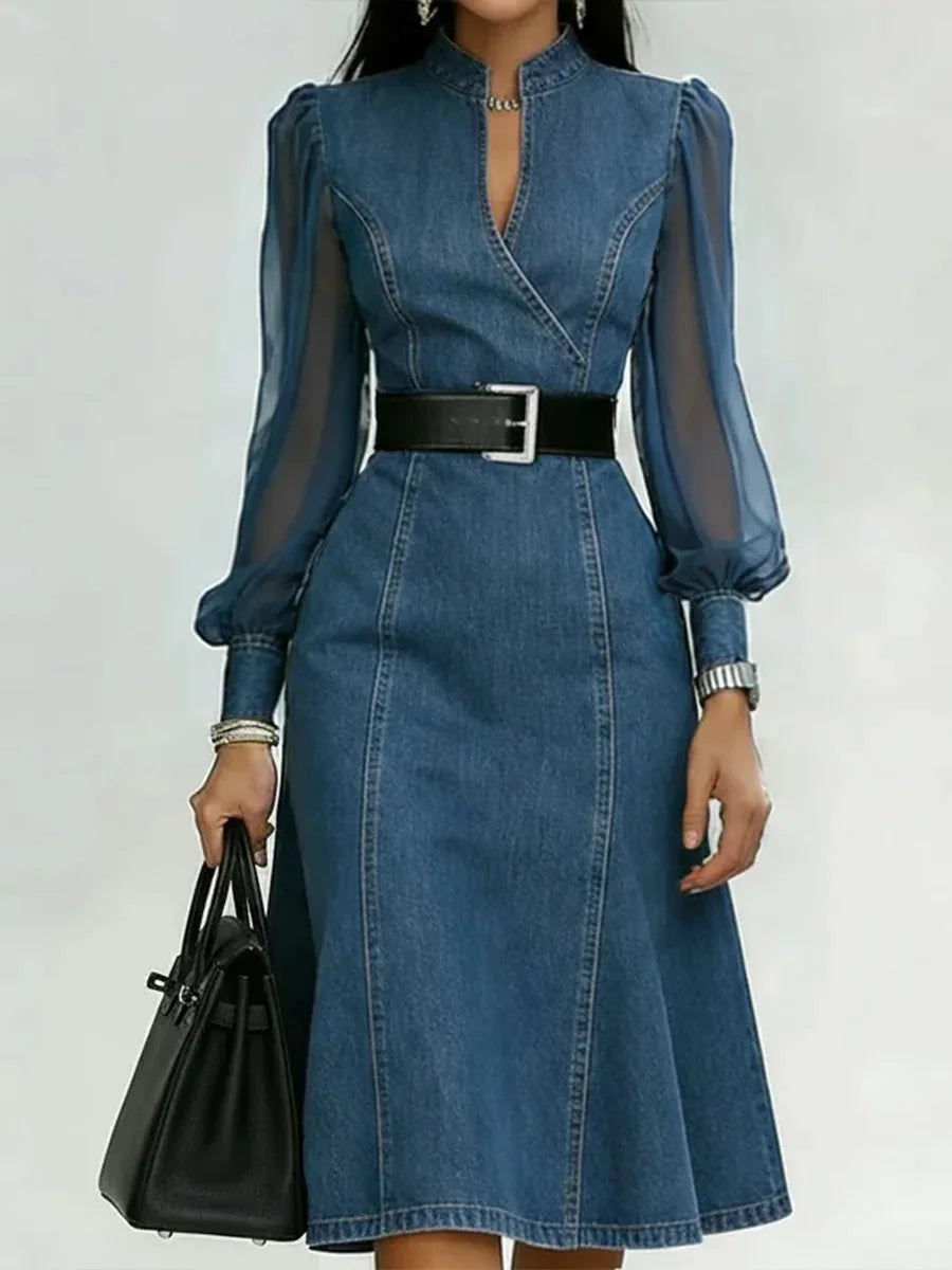 Women's Tulle Sleeved Denim Midi